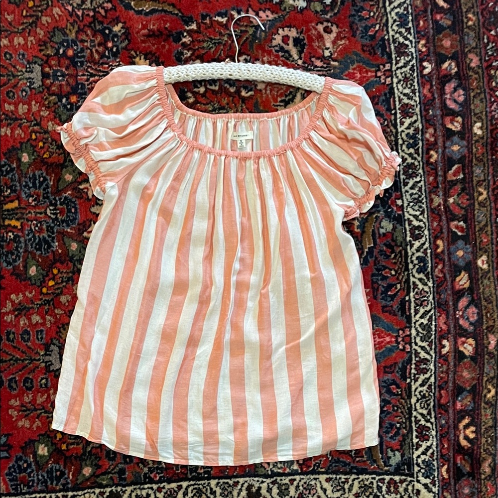 Max Studio Pink and White Striped Peasant Blouse